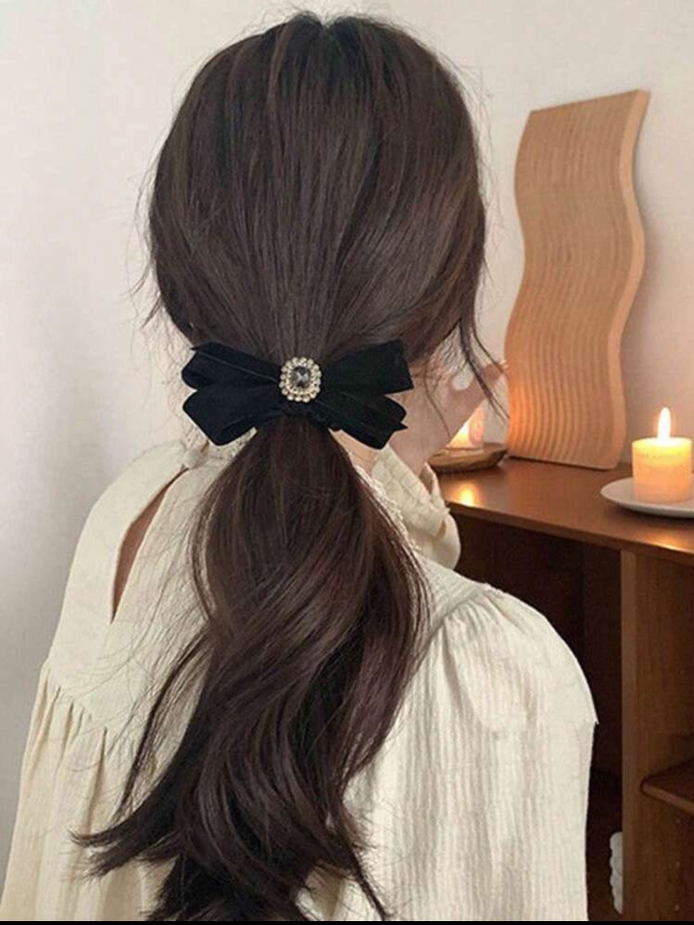 Black Velvet Bow Hair Clip with Rhinestone Accent Handmade
